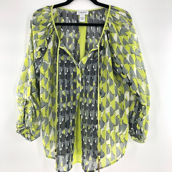 CARMEN MARC VALVO Graphic Print Peasant Top, Neon Yellow/Gray, Size Large - Picture 1 of 15